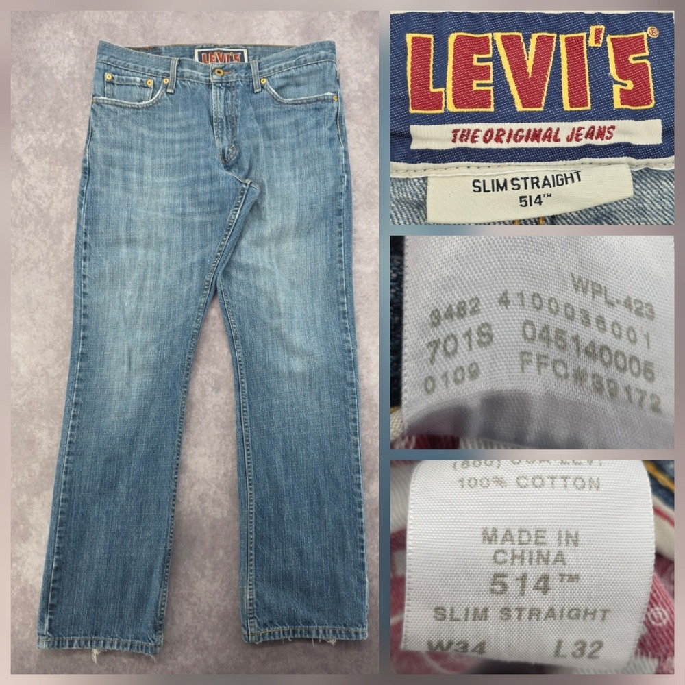 Levis 514 Slim Straight‎ Jeans Mens 34x32 Light Wash Blue Cotton Y2K Distressed